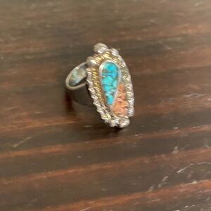 Turquoise and Coral Silver Ring